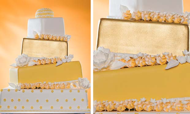 Bolo assimétrico em branco e amarelo Bolo assimétrico em branco e amarelo