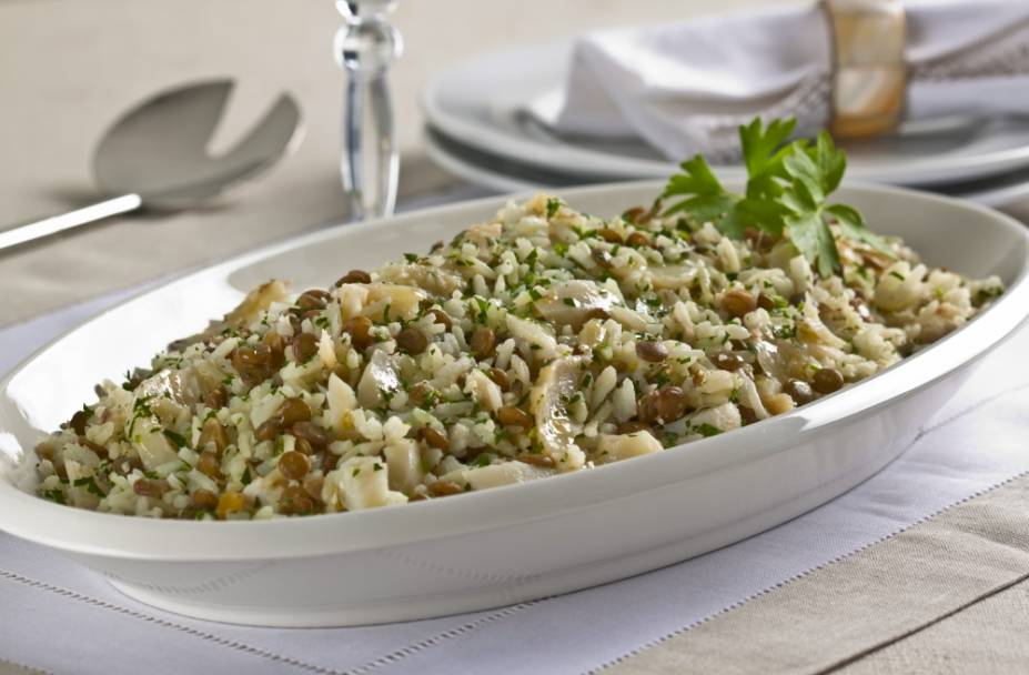 Arroz da sorte com lentilha e bacalhau