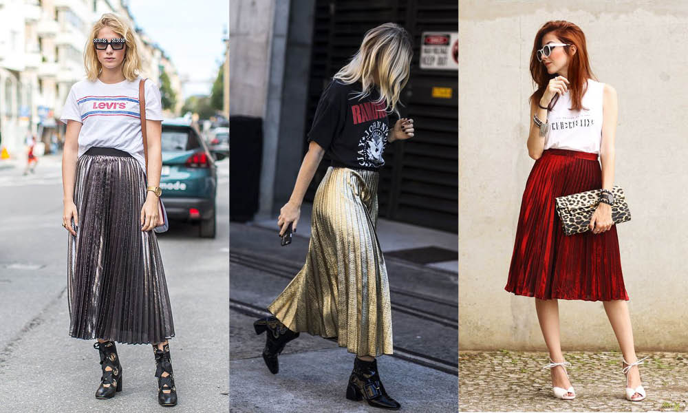 combinacao-camiseta-saia-metalizada-plissada