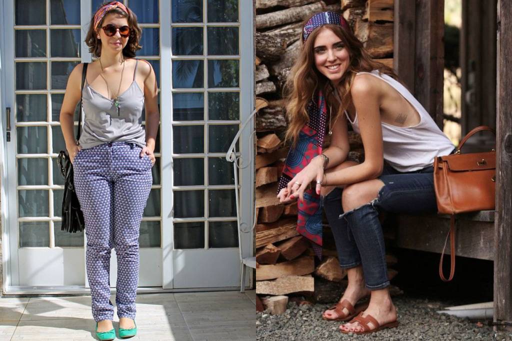 O lenço estampado ajuda a inovar o look da cabeça a cintura