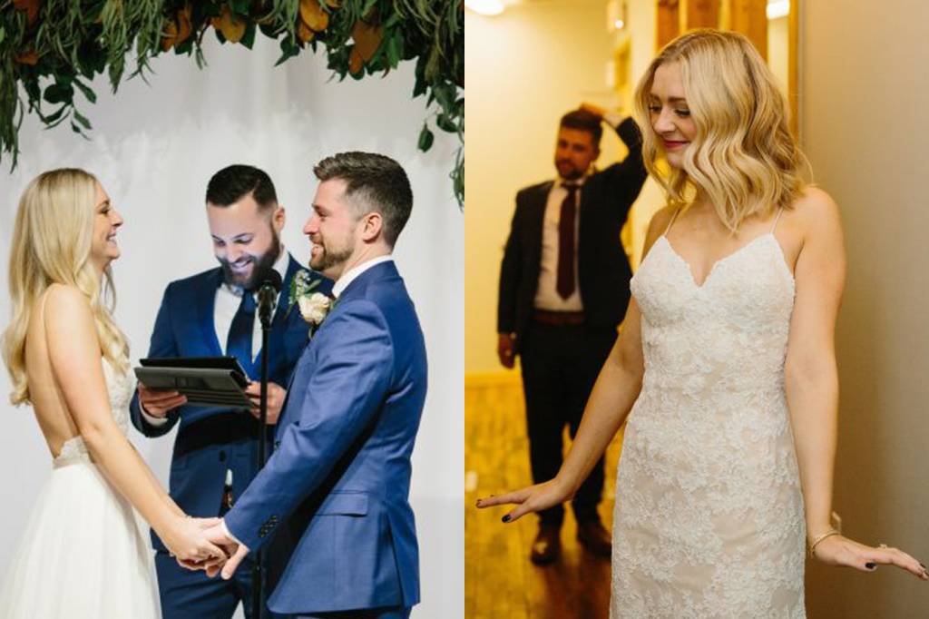 Noiva corta o cabelo e muda visual durante o casamento