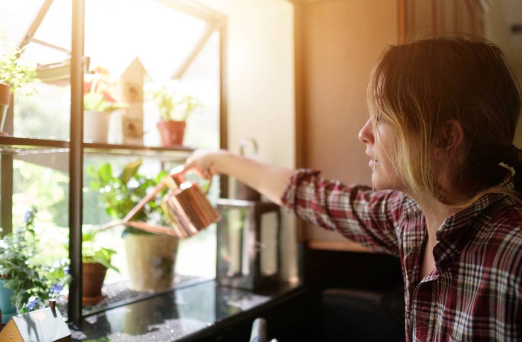 Woman watering plants at home