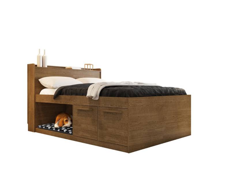 Cama de casal Pet Puppy, de MDF e MDP, com espaço pet (94 x 60 x 41 cm) com colchão. <a href="https://www.madeiramadeira.com.br/cama-casal-framar-1-38-pet-puppy-mdf-e-mdp-malbec-1764194.html" target="_blank" rel="noopener">MadeiraMadeira</a>, R$ 776,67