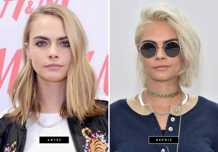 <b>Março de 2017 // Cara Delevingne</b> –A top exibiu um bob reto platinado durante o desfile da Rihanna na Semana de Moda de Paris e agora segue arrasando com seus fios supermodernos.