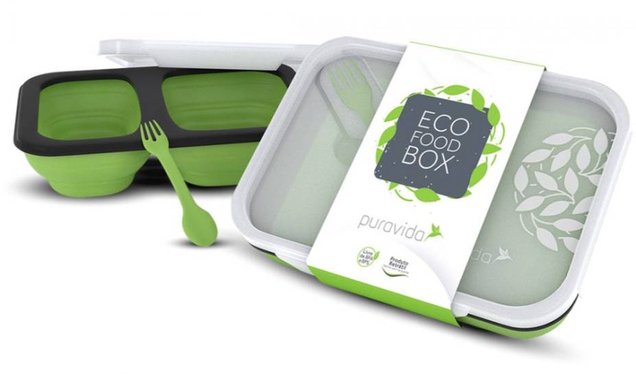 Eco Food Box, dobrável, com talher, capacidade de 350 ml. <a href="https://www.puravida.com.br/natural/sem-desconto/eco-food-box/?adTribesID=9e2927bc138cba841a30dfddf0ae1ff0%7Cadtribes%7C88602&utm_source=Google%20Shopping&utm_campaign=Puravida-FeedGoogle&utm_medium=cpc&utm_term=88602&gclid=EAIaIQobChMIrpHf8NGO4gIVxwWRCh1EhQtcEAYYAiABEgLd3fD_BwE" target="_blank" rel="noopener">PuraVida</a>, R$ 55,97