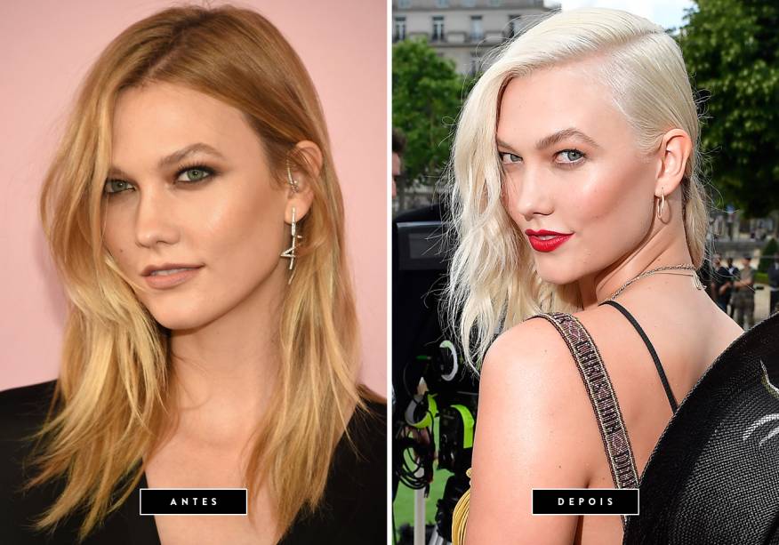 <strong>Julho de 2017 // Karlie Kloss</strong> - A modelo aderiu ao ousado visual platinado. A estreia do look descolorido aconteceu em pleno desfile da Dior durante a Semana de Moda de Alta-Costura.