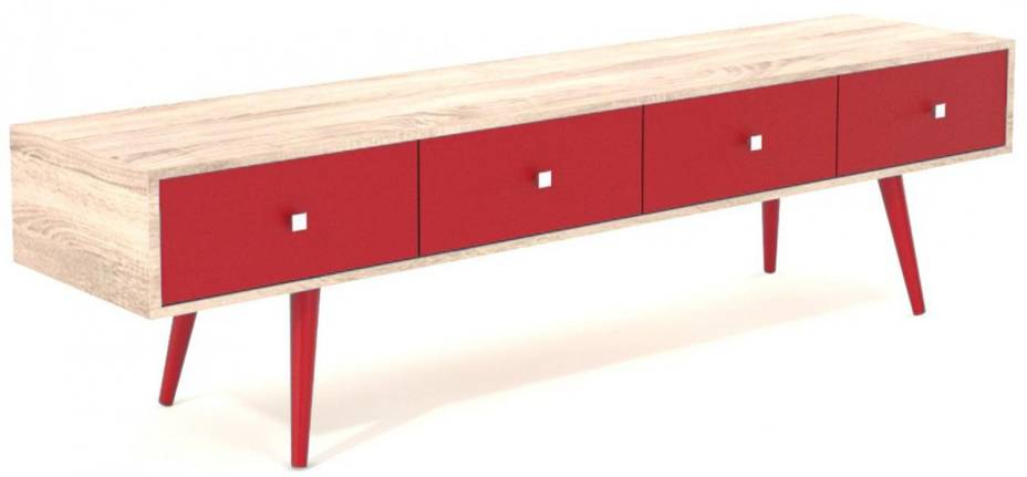 Rack Light Vermelho, da Casa Lush, de MDF, pés de madeira maciça, acabamento em laca e impressão UV, nas medidas 1,50 x 0,35 x 0,50 m. <a href="https://www.americanas.com.br/produto/10787448/rack-light-vermelho-com-alta-definicao-grupo-lush?cor=Amadeirado%20Claro%20e%20Vermelho&pfm_carac=rack%20Light%20lush&pfm_index=1&pfm_page=search&pfm_pos=grid&pfm_type=search_page%20&sellerId" target="_blank" rel="noopener">Americanas.com</a>, R$ 854,05