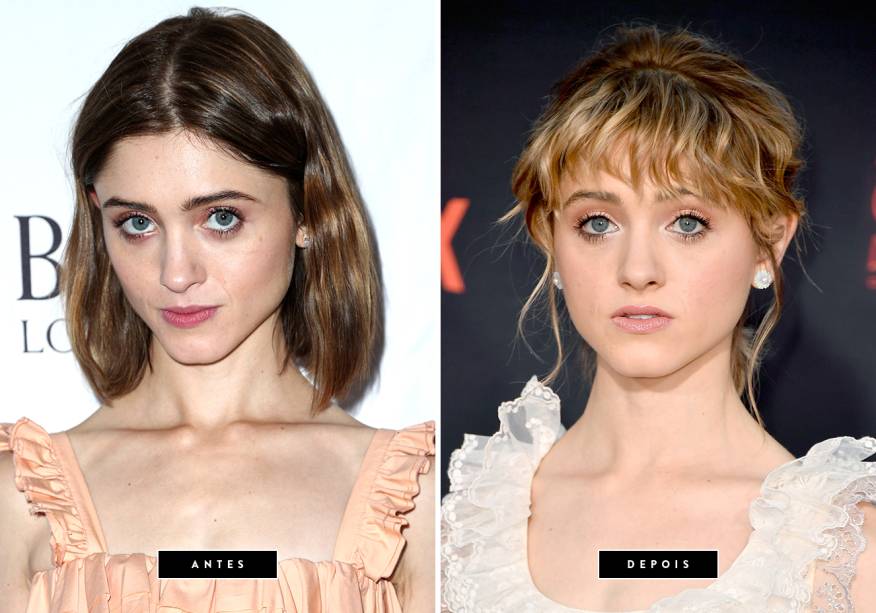 <strong>Outubro de 2017 // Natalia Dyer </strong>-  A Nancy, de Stranger Things, apareceu ontem (26) na première da segunda temporada da série com os cabelos bem mais claros e com uma franjinha texturizada.