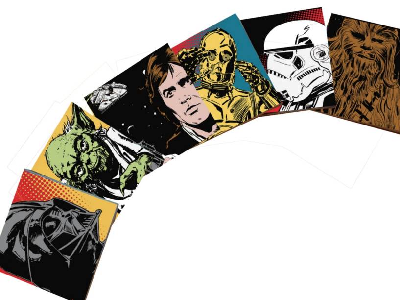 Porta-copos Star Wars, de MDF, jogo com seis unidades de 10 x 10 cm.<a href="https://www.elo7.com.br/porta-copos-star-wars/dp/616D52" target="_blank" rel="noopener"> Elo 7 (Lpeople</a>), R$ 23,11