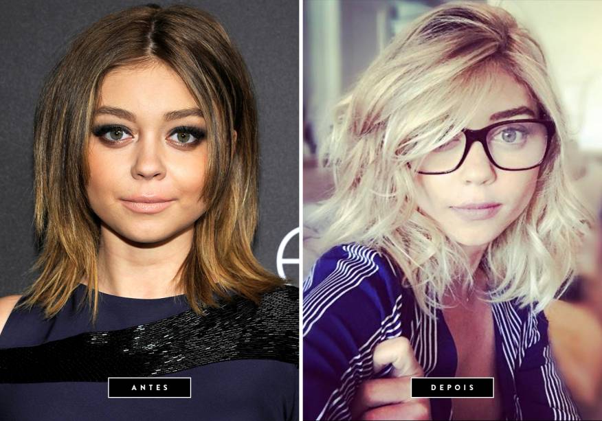 <b>Abril de 2017 // Sarah Hyland</b> -  a atriz de Modern Family abandonou seu ombre hair e platinou os cabelos, deixando a raiz levemente mais escura.