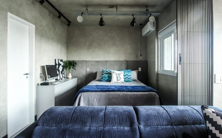 Quarto neutro cinza e azul industrial Quarto neutro cinza e azul industrial