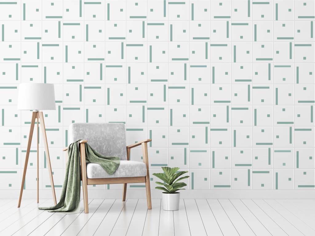 azulejos mica Interior mock up with gray velvet armchair, green plaid, standing lamp and plant in pot in living room with white wall. 3D rendering.