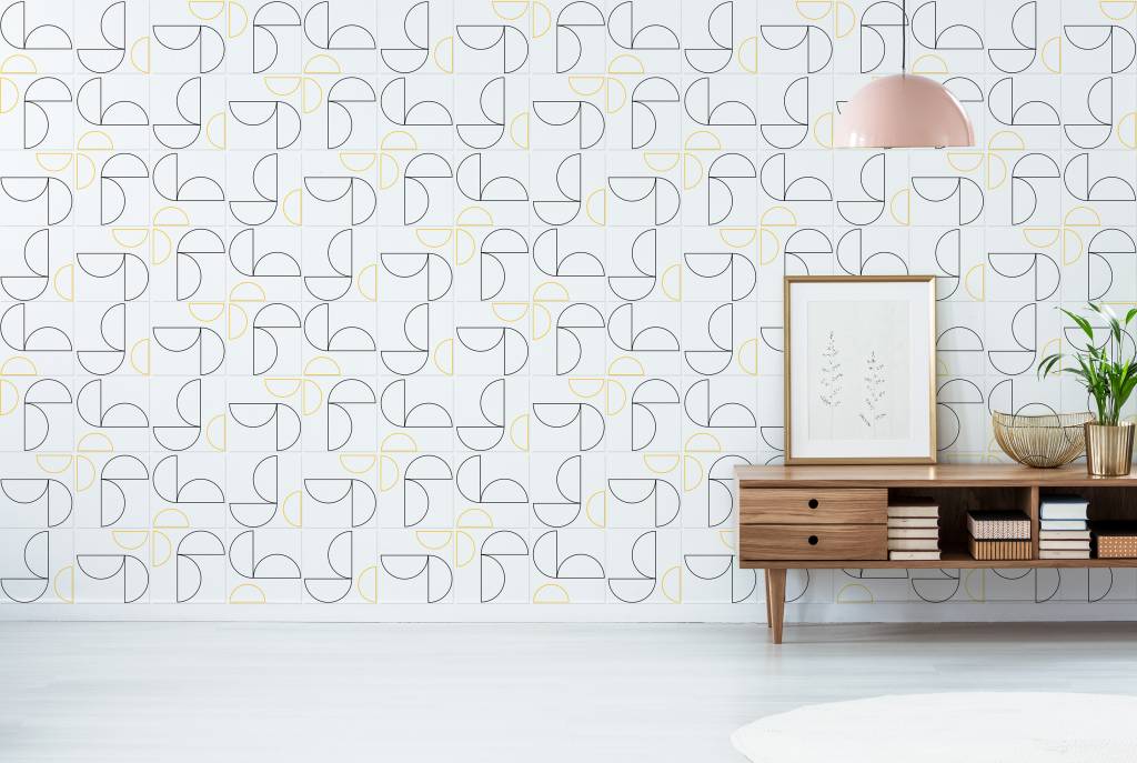 Azulejo Gràcia Mostarda Mica Pink lamp above wooden sideboard
