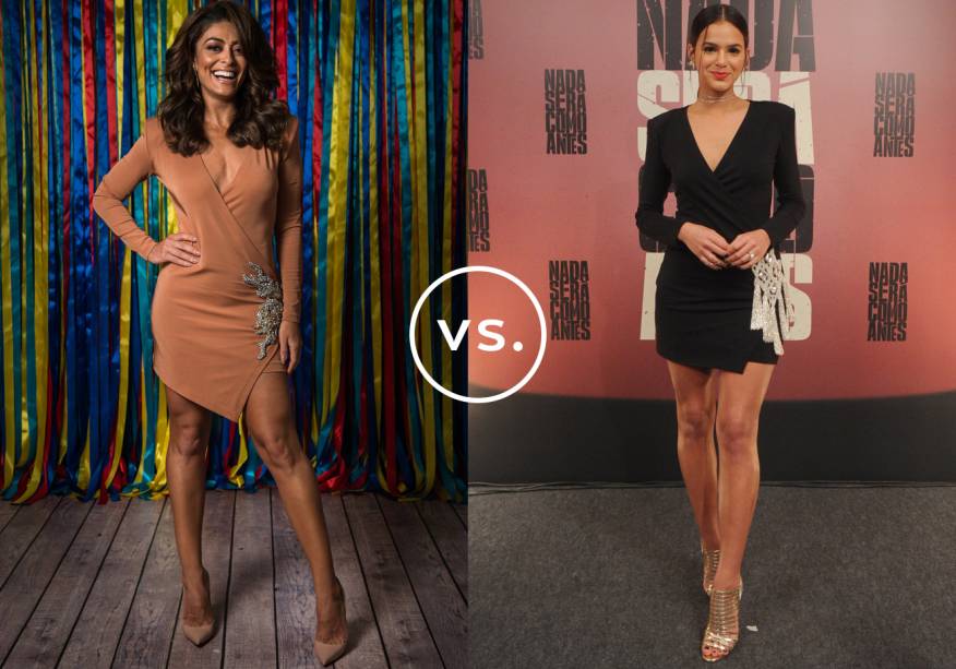 <strong>Juliana Paes</strong> e<strong> Bruna Marquezine</strong> vestem <strong>Balmain</strong>. As mangas longas equilibraram a ousadia da dupla minicomprimento + decote generoso do vestido da Balmain. Mas enquanto Juliana apostou na versão marrom da peça, construindo um visual mais clássico com escarpim nude de bico fino e cabelos soltos, Bruna foi sexy de preto com sandálias douradas e batom vermelho.