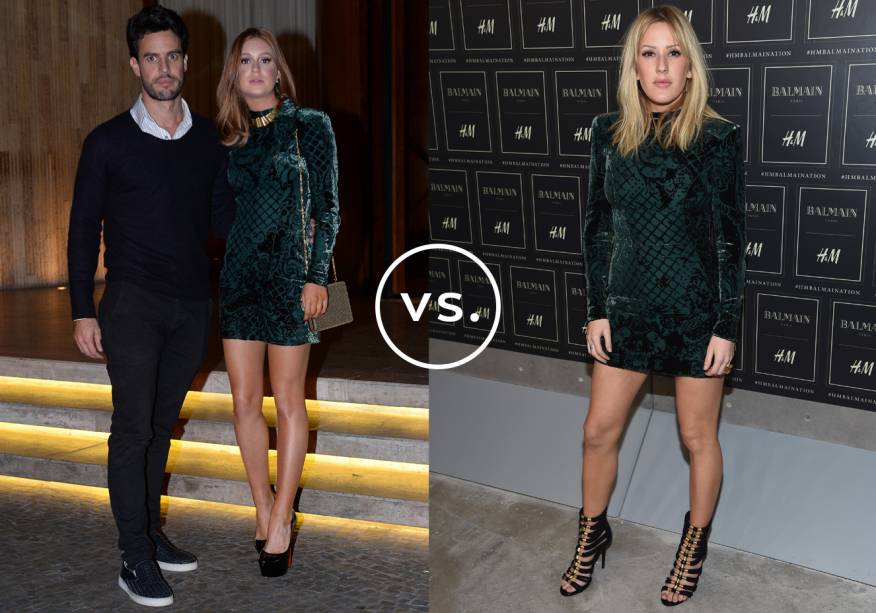 <strong>Marina Ruy Barbosa</strong> e <strong>Ellie Goulding </strong>vestem <strong>Balmain</strong>. Atriz brasileira e cantora britânica foram clicadas usando o mesmo vestido de veludo. A peça de mangas longas <a href='https://mdemulher.abril.com.br/moda/estilo/vestidos-de-veludo-sao-aposta-de-moda-festa-durante-o-inverno' target='_blank'>é aposta certa para a moda festa durante o inverno</a>. Sempre romântica e feminina, Marina arrematou a peça com sapatos altíssimos e maxicolar. Já Ellie deu um toque rocker com a sandália pesada.