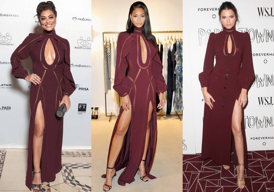 <strong>Juliana Paes</strong>, <strong>Chanel Iman</strong> e<strong> Kendall Jenner</strong> vestem <strong>Zimmermann</strong>. O vestido marsala com fenda e decote generosos da grife australiana caiu mesmo no gosto das famosas. Juliana e Kendall (vestindo um modelo um pouco diferente) arremataram o visual com sandálias metalizadas e cabelos presos. Já Chanel, mais básica, foi de sandália de tiras e fios soltos.