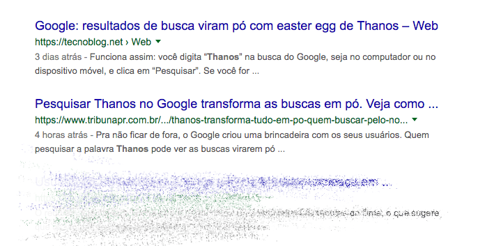 Matérias sumindo ao digitar “Thanos”, no Google