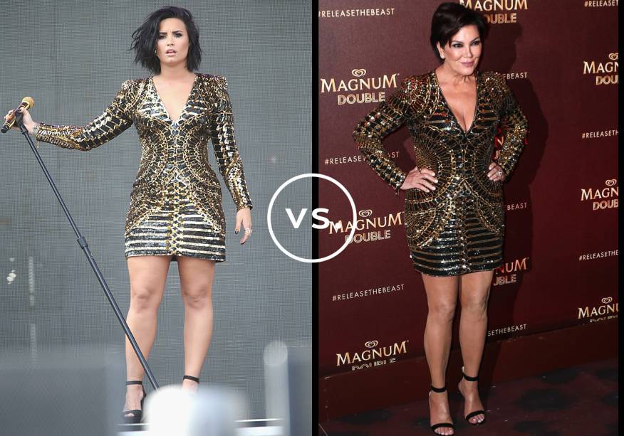 <strong>Demi Lovato</strong> e<strong> Kris Jenner</strong> vestem <strong>Balmain</strong>. O vestido preto e dourado da grife francesa, de quase 6 mil dólares, deixa a silhueta em evidência por causa do shape justinho. Enquanto a cantora desfilou o seu durante show na Califórnia, a matriarca do clã Kardashian-Jenner exibiu o modelo em Cannes.