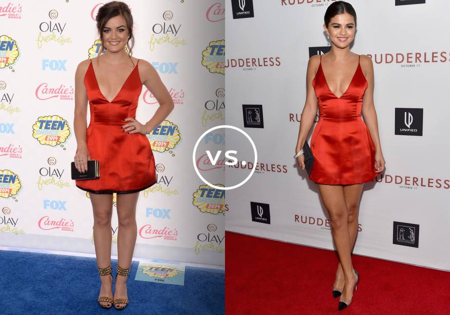 <strong>Lucy Hale</strong> e <strong>Selena Gomez</strong> vestem <strong>Dior</strong>. Enquanto Lucy preferiu arrematar o vestido vermelho com uma sandália de spikes, Selena foi de escarpim preto com detalhe de plástico.