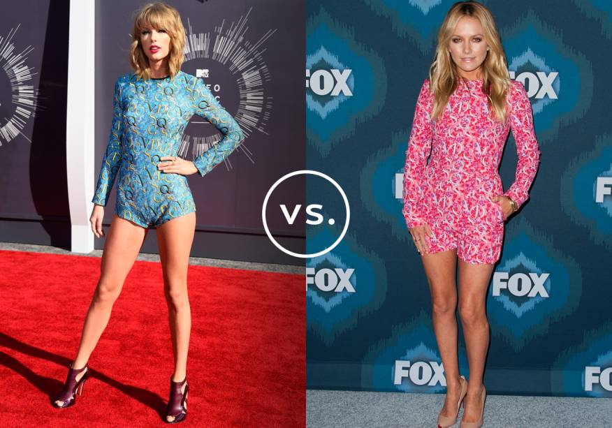 <strong>Taylor Swift</strong> e <strong>Becki Newton</strong> vestem <strong>Mary Katrantzou</strong>. Taylor causou furor no VMA, em agosto de 2014, ao deixar o bumbum à mostra no body azul. Já Becki preferiu uma abordagem mais discreta e vestiu macaquinho da mesma estampa em um evento na Califórnia.