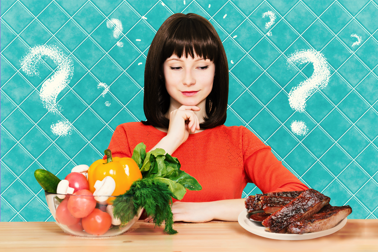 Mulher pensando sobre parar de comer carne