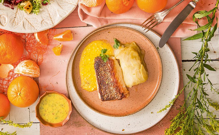 Tainha com molho de mexerica e gratinado de maçã verde