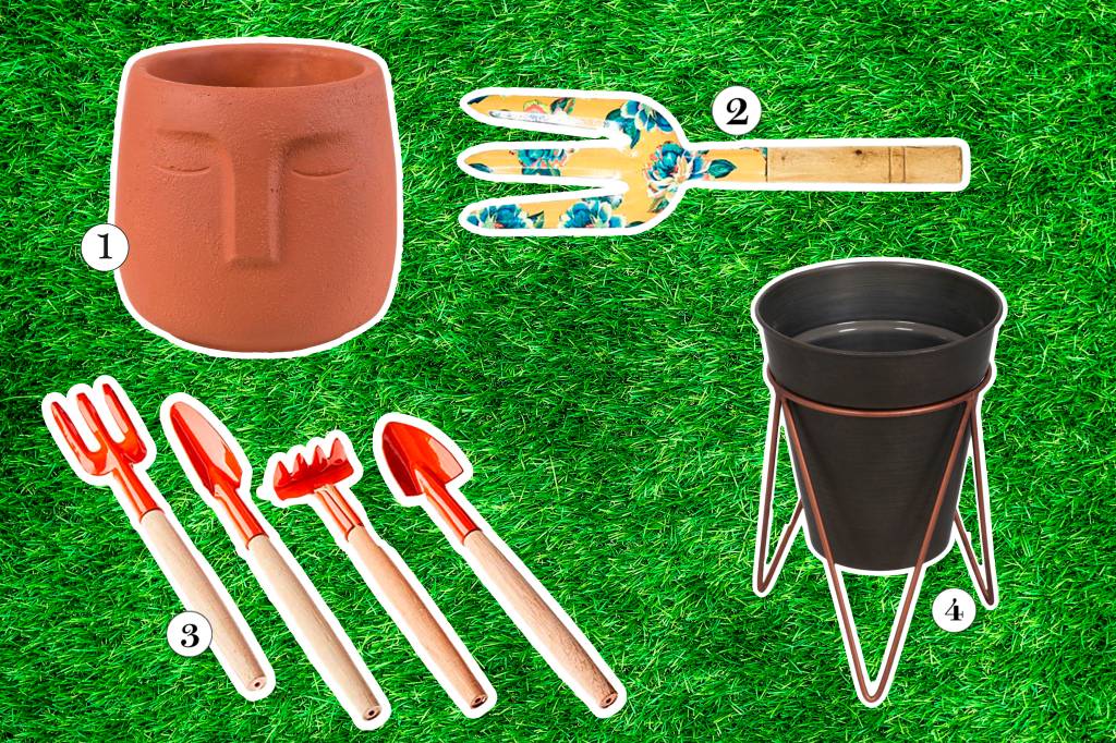 Colagem com utensílios de jardim como cachepôs, pás, garfos e rastelos