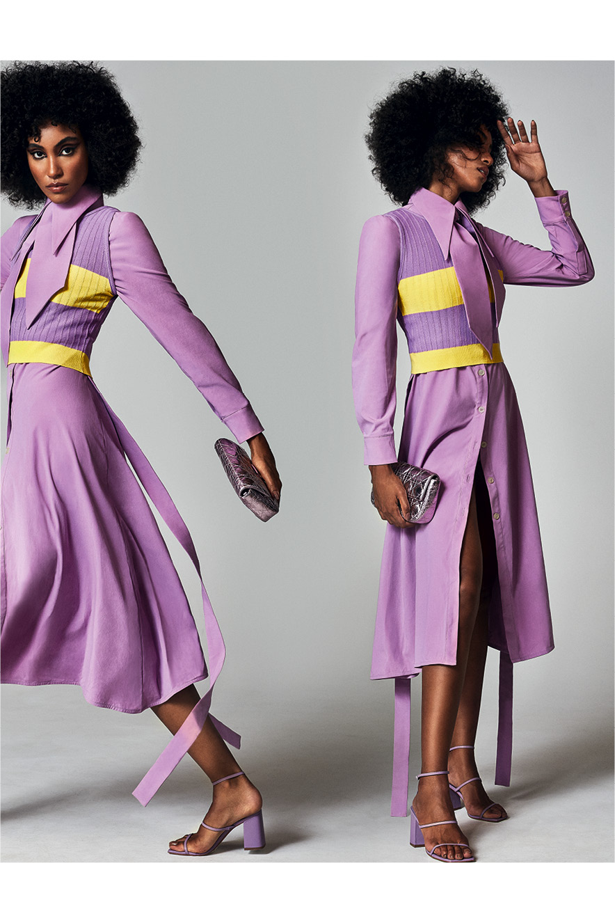 Modelo aparece duas vezes com roupa lil&aacute;s e amarela