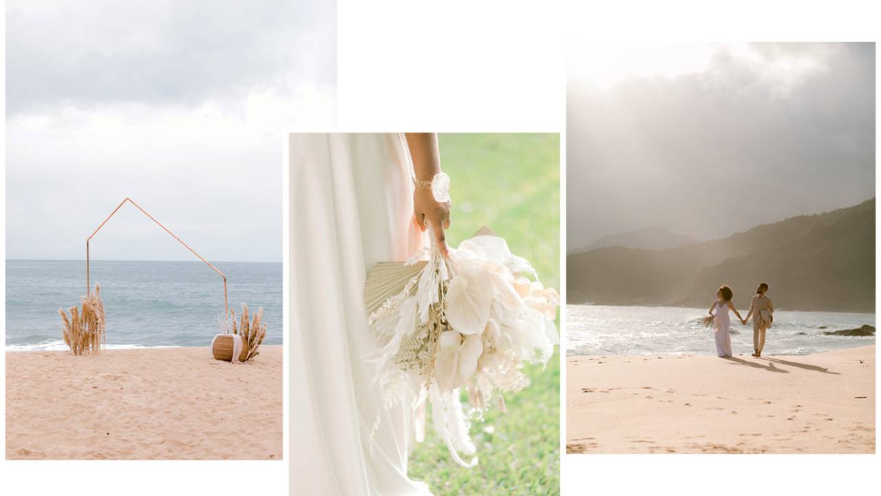 noivos em cenário de casamento minimalista