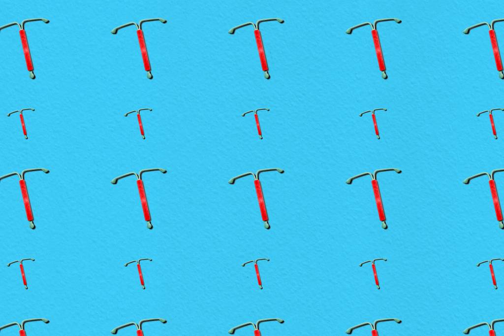 IUD.Concept hormonal contraception seamless pattern in blue DIU