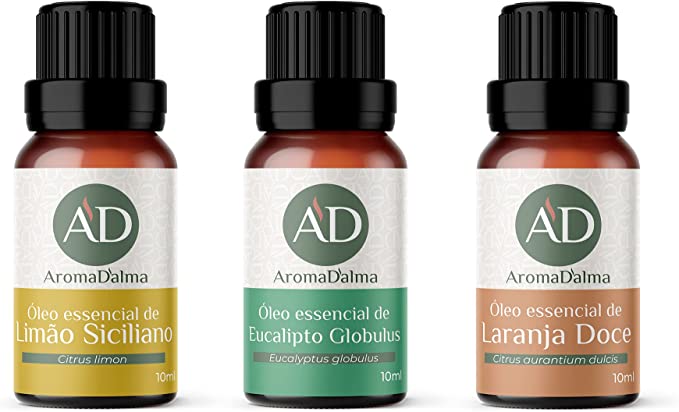 Kit com 3 óleos essenciais (limão siciliano, eucalipto e laranja doce)