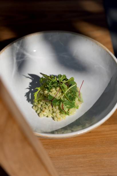 Risoto de trigo e urtiga, uma das delícias do  restaurante Nosso, em Paris.