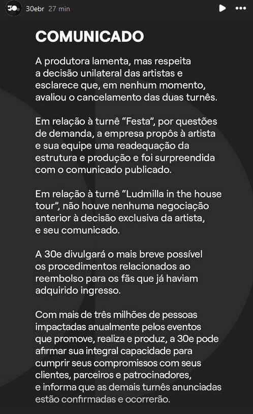 ivete-ludmilla-turne-comunicado-produtora A produtora 30e se pronuncia sobre o cancelamento das turnês de Ivete Sangalo e Ludmilla