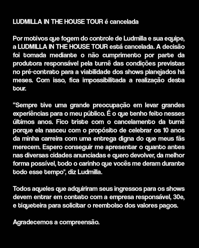 turne-ludmilla-cancelada O anúncio do cancelamento da turnê
