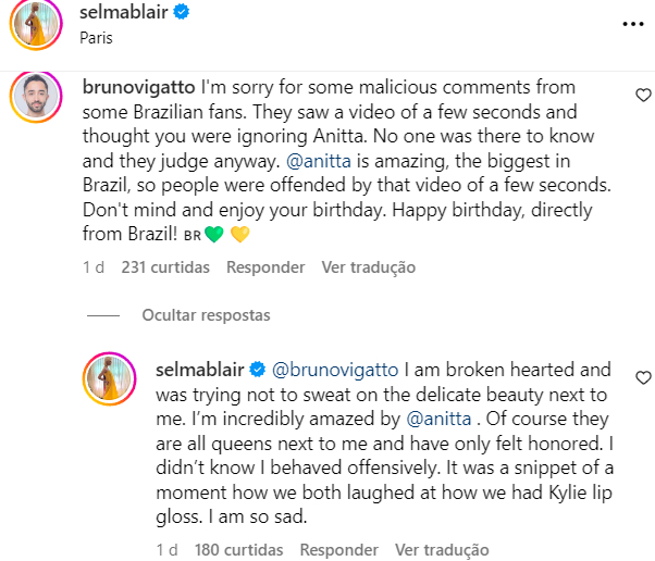 Brasileiro explica polêmica e pede desculpas a Selma Blair pelo comportamento de fãs de Anitta. A atriz responde e diz o que aconteceu