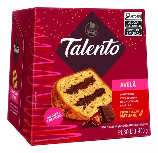 Garoto - Panetone Talento Avelã, com pedaços de avelã na massa e recheio cremoso de chocolate (R$ 29,90 - 450g) Garoto - Panetone Talento Avelã, com pedaços de avelã na massa e recheio cremoso de chocolate (R$ 29,90 - 450g)