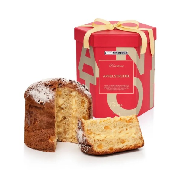 Ofner - Panetone Apfelstrudel, com massa de fermentação natural e pedaços de maçãs cristalizadas italianas, recheio cremoso de maçã. Acompanha sachê de açúcar de confeiteiro com toque de canela (R$ 154 - 1kg) Ofner - Panetone Apfelstrudel, com massa de fermentação natural e pedaços de maçãs cristalizadas italianas, recheio cremoso de maçã. Acompanha sachê de açúcar de confeiteiro com toque de canela (R$ 154 - 1kg)