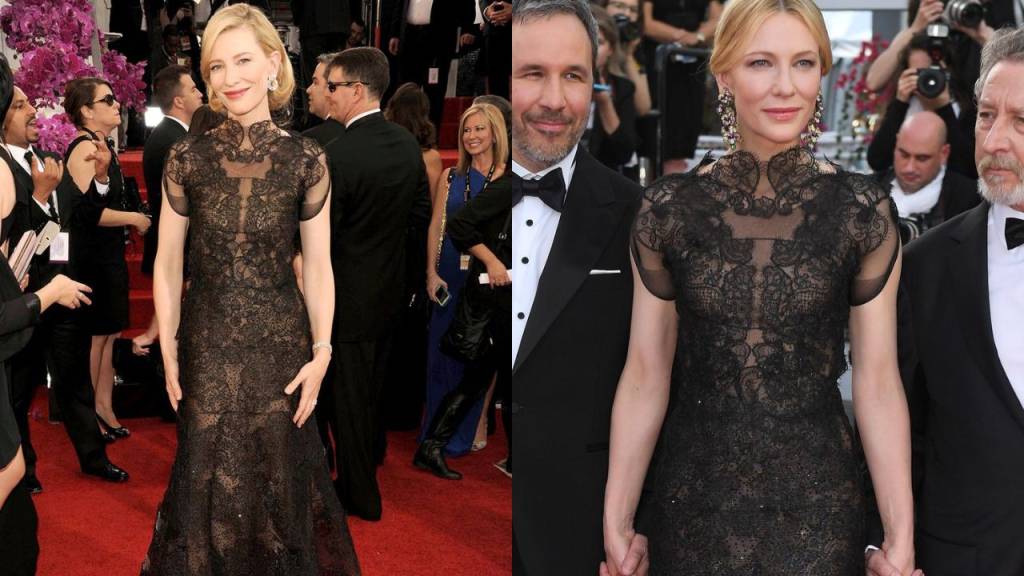 Cate Blachett usando o mesmo vestido no Globo de Ouro de 2014, a esquerda, e no Festvial de Cannes de 2018, a direita