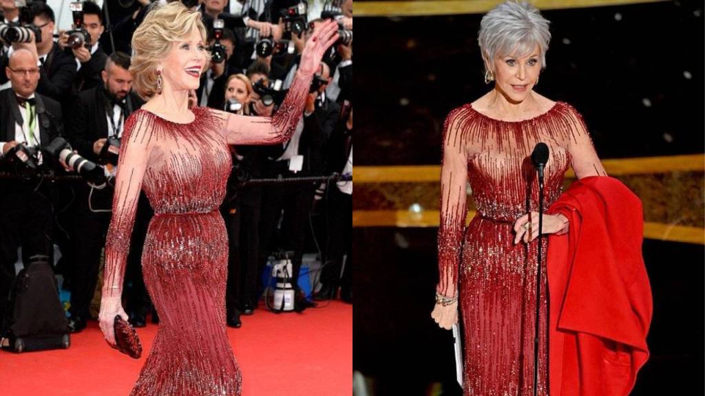 Jane Fonda usando mesmo vestido em 2014 e em 2020