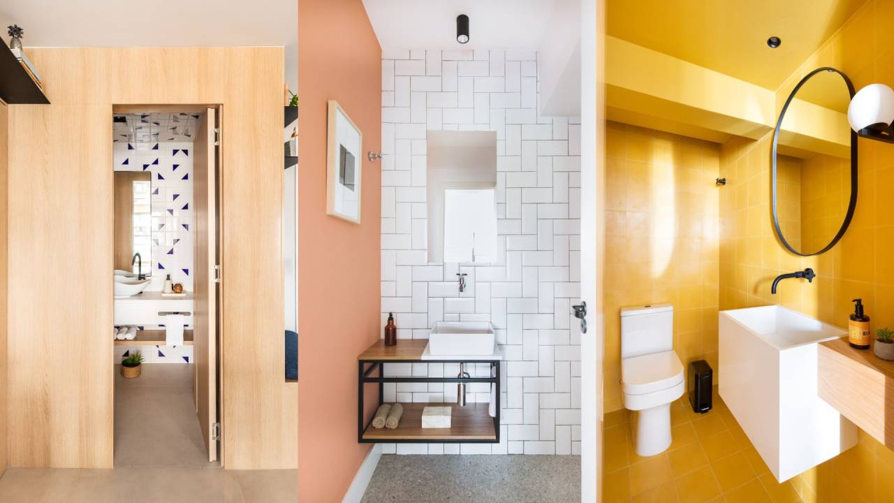 Estes projetos de lavabo foram criados com elementos que transformam o ambiente, como a porta mimetizada, cores vibrantes e mais