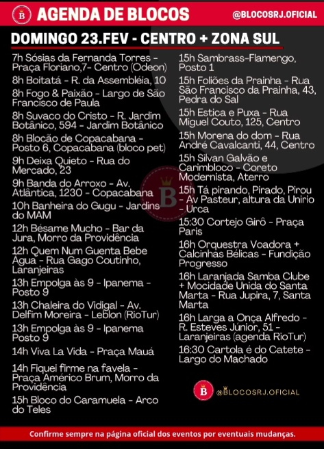 agenda-blocos-rio-domingo A programação dos blocos de pré-carnaval domingo (23), no Rio de Janeiro