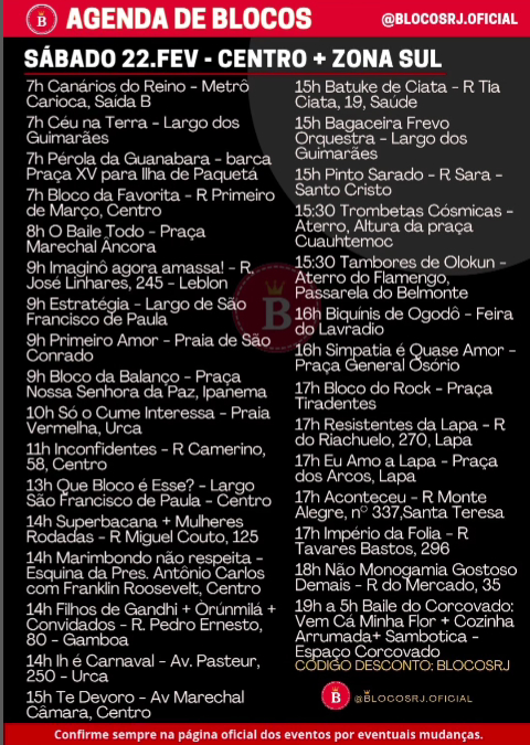 agenda-blocos-rio-sabado (1) A programação dos blocos de pré-carnaval sábado (22), no Rio de Janeiro