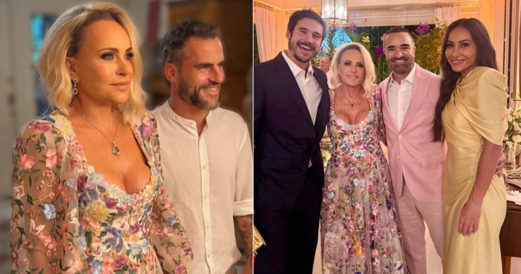 Ana Maria Braga entrando no casamento com o filho Pedro (à esq.) e posando com o marido, Fábio Arruda, Sabrina Sato e Nicolas Prattes