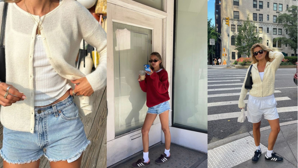 Nos dias mais quentes, shorts com cardigan é uma opção