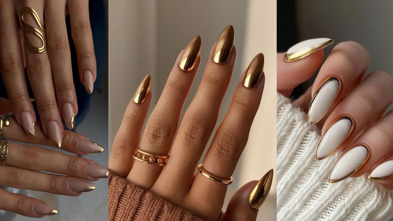 Mãos femininas com esmaltações douradas.