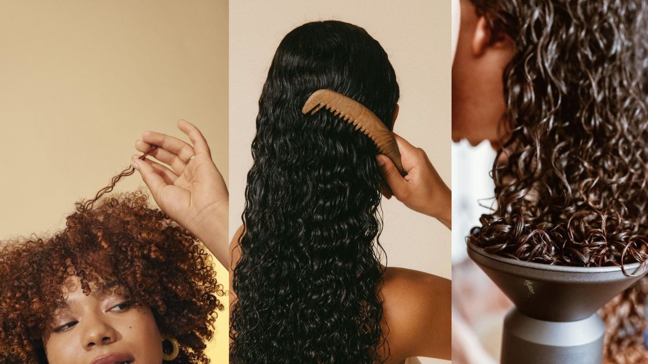 Três imagens de mulheres, sendo uma vista de frente segurando o cabelo para cima, a segunda está de costas penteando o cabelo e a terceira está com a cabeça inclinada para frente