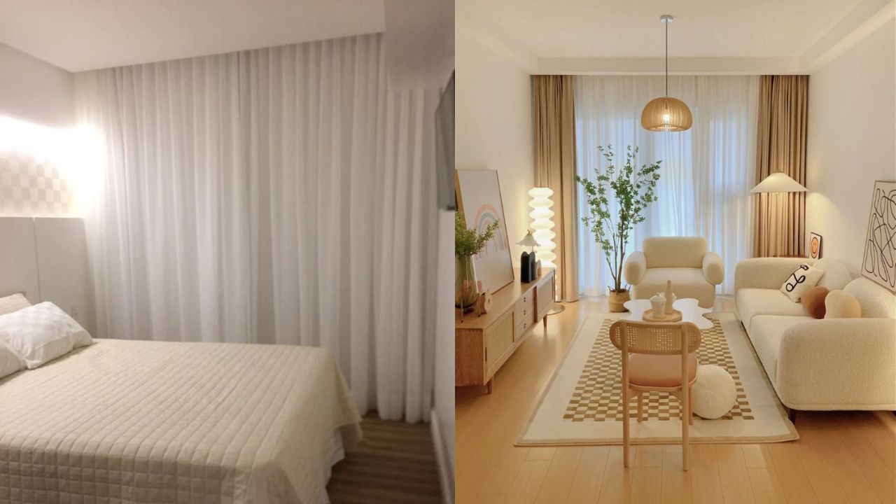 Duas imagens, uma de quarto e uma de sala de estar.