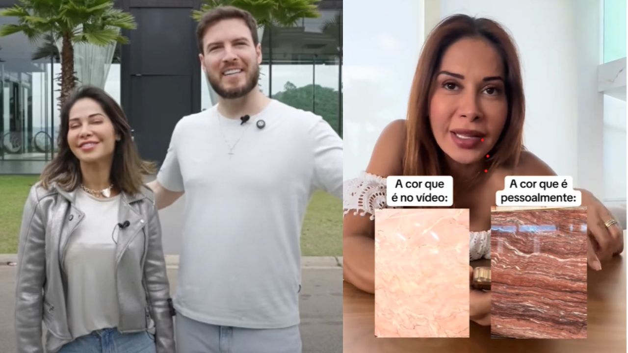 Imagem de casal abraçado vistos de frente e na imagem ao lado aparece apenas a moça falando
