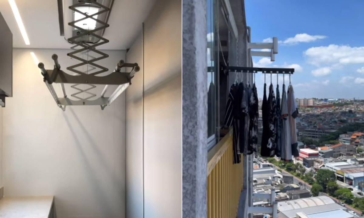 Varal de controle remoto (à esquerda) com luz e ventilador e varal retrátil com ganchos para cabides estão entre as ideias de varais estilosos