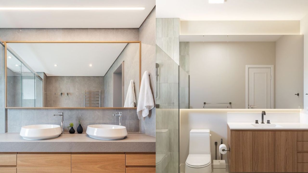 O uso de espelhos grandes no banheiro pode trazer a sensa&ccedil;&atilde;o de amplitude